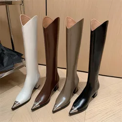 2023 Winter Knee-High Boots for Women Metal Pointed Toe Knight Boots Split Leather High Heels Women Boots Concise Boots De Mujer