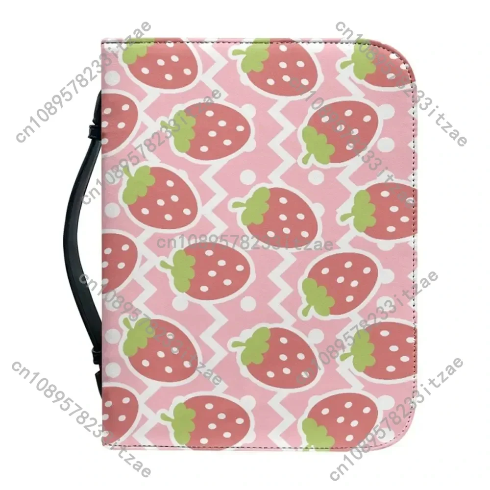 

Pink Strawberry Print Bible Storage Bags for Women Girls Leather Bible Cover Case Zipper Handle Handbags Bible Carrying Case