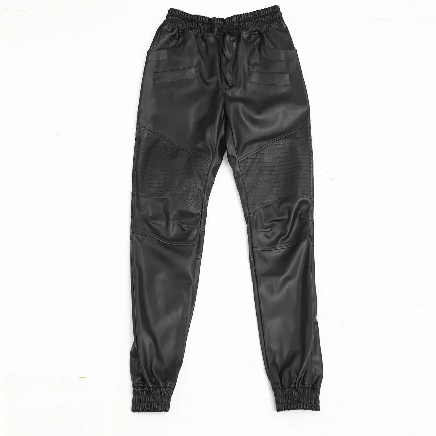 #2209 Autumn Winter Motorcycle Jogger Pants Casual Pencil Harem Faux Leather Pants Men Zipper Elastic Waist Stretch PU Pants