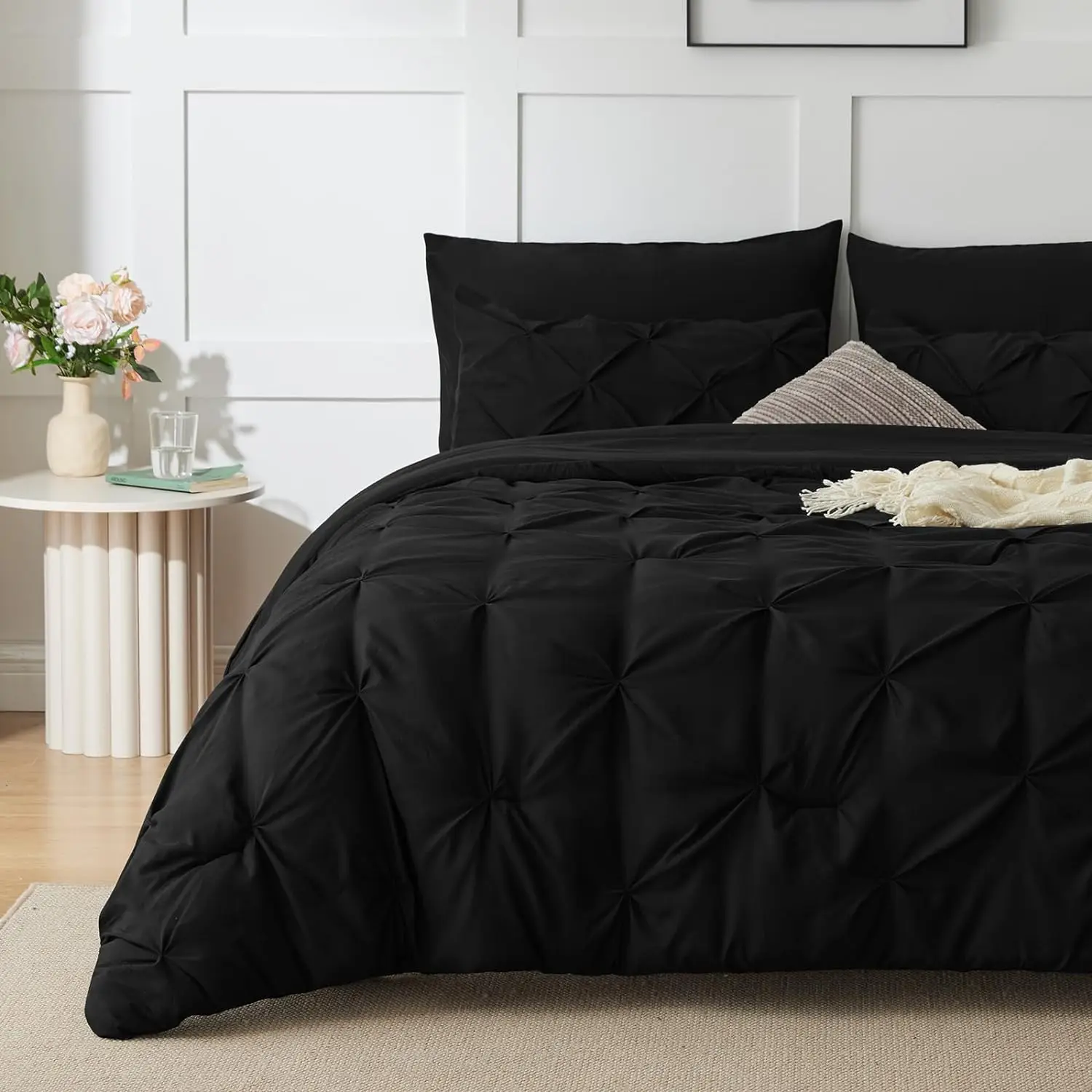 Bed in a Bag 7-Pieces, Black Comforter Set for All Season, Pintuck Bedding Sets