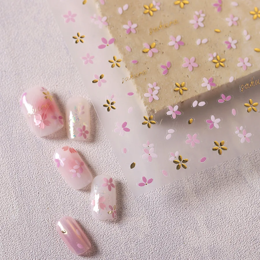 Elegant Pink Gradient Cherry Blossom Gold Flower Hot Nail Sticker Classic Youth Self Adhesive DIY Decals Press on Nails