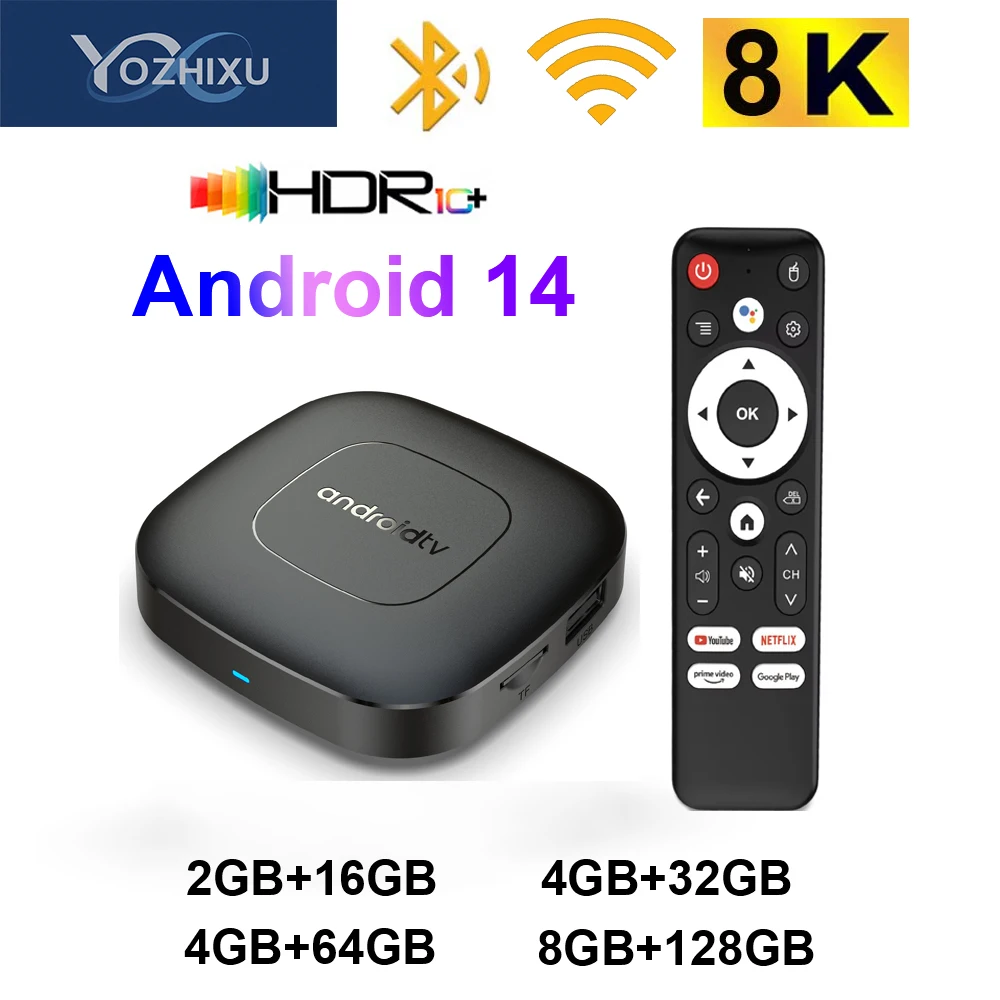 YOZHIXU 32GB 64GB 128GB Smart TV Box Android 14 H313 يدعم 2.4G&5G Dual Wifi BT5.4 Voice Assistant Netflix Google Media Player