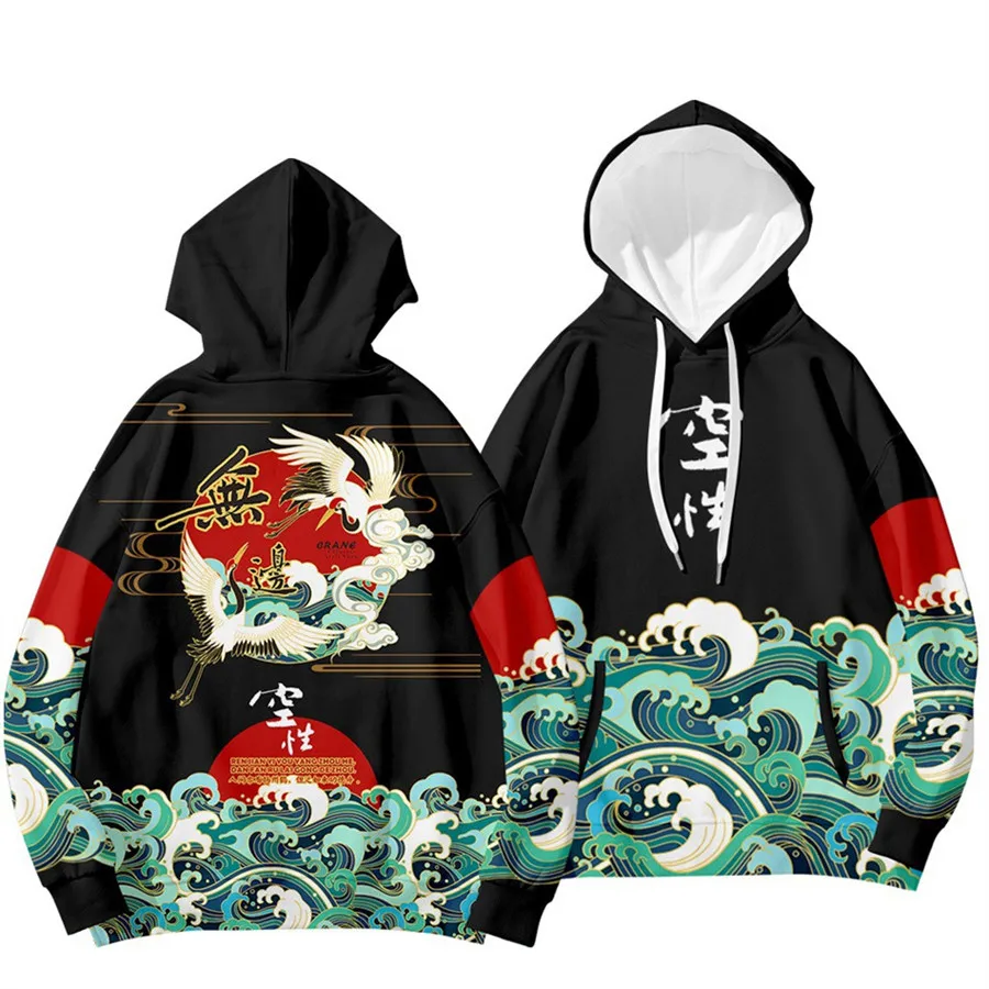 Kanagawa Wave Carp Print Hoodie Sweatshirt Autumn Winter Casual Oversized Hooded Hoodie Hip Hop Pullover Women Men Clothing