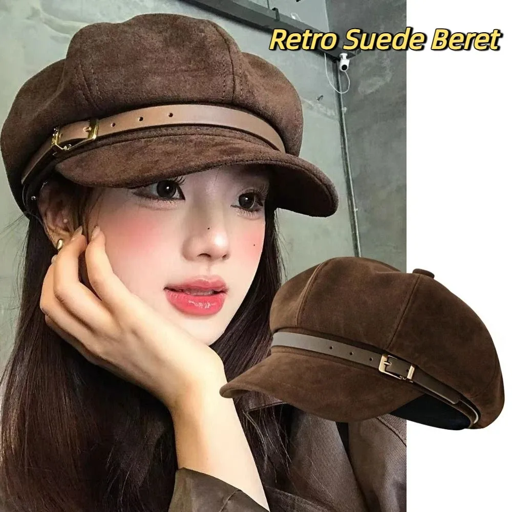 

Personality British Style Pu Leather Beret Brown Retro Suede Octagonal Hat Belt Buckle Korean Style Painter Hat Winter