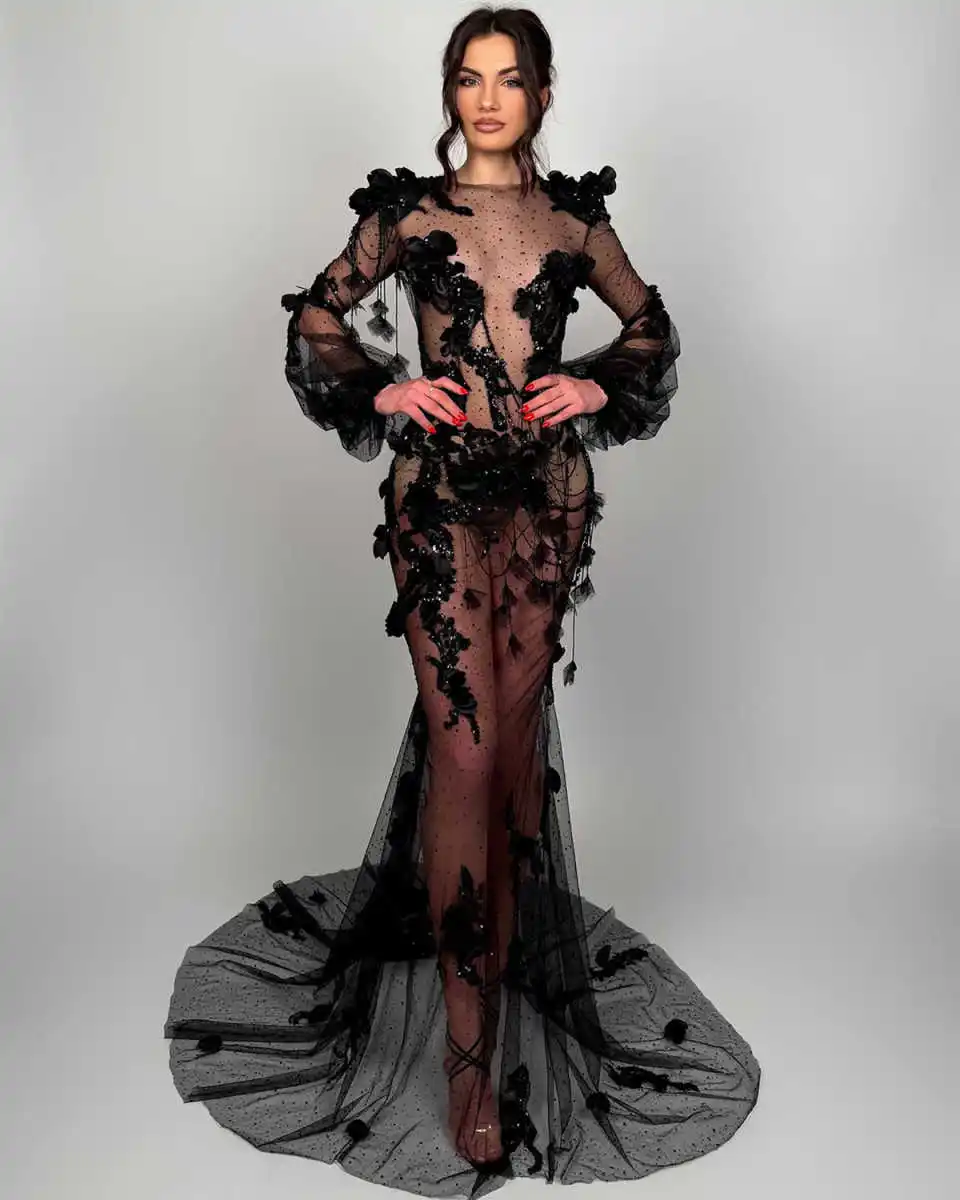 Maßgeschneiderte Ballkleider, schwarze Partykleider, formelle Meerjungfrau, 3D-Blumen, lange Ärmel, Perspektive, individuelles Abendkleid in Übergröße – Detail 4