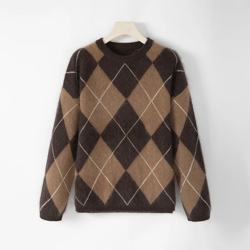 

Осень-зима модный новый% шерстяной пуловер с рисунком аргайл женский свободный вязаный топ с круглым вырезом и длинными рукавами дизайн