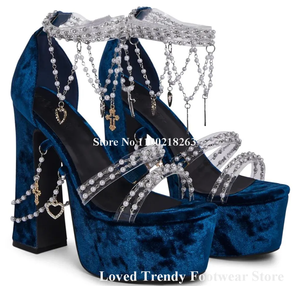 Blue Purple Pink Velvet Pearls Chains Chunky Heel Sandals Open Toe PVC Patchwork High Platform Beaded Thick Heel Wedding Heels