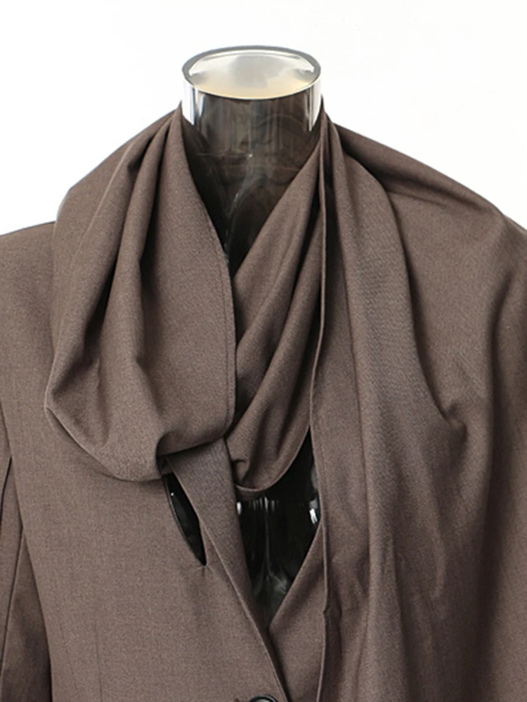 [EAM] Women Brown Big Size Long Elegant Blazer New Scarf Collar Long Sleeve Jacket Fashion Tide Spring Autumn 2024 1DH4395