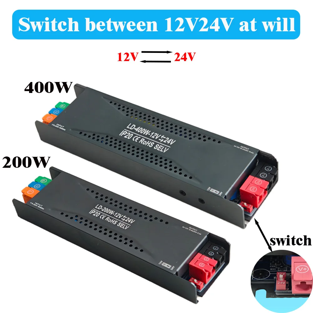 

Ультратонкий светодиодный драйвер с переключаемым напряжением DC12V/24V, 400W/200W, подходит для трансформаторов постоянного напряжения LED.