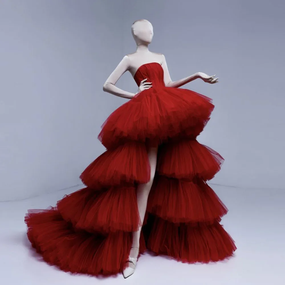 

Red Layered Tulle Long Formal Dress With Corset Bustier Strapless Big Volume Cake stacking Wedding Dresses Lace Up High Split