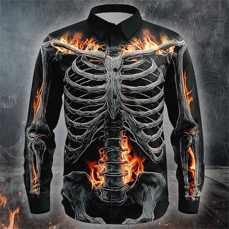 2025 New Men's Skeleton Flame Print Clothing Retro Button Shirt Long-sleeved Men's Loose Lapel Autumn and Winter Shirt Top