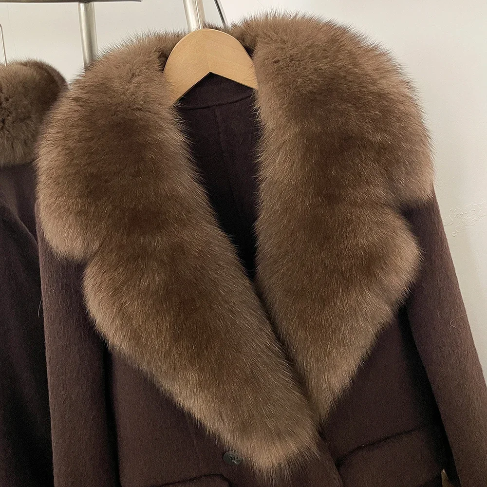 OFTBUY Großer Natürlicher Pelzkragen Doppelreihiger Langer Damen-Wollmantel Winter Warmer Dicker Schlanker Wollmantel mit Echtpelz – Detail 28