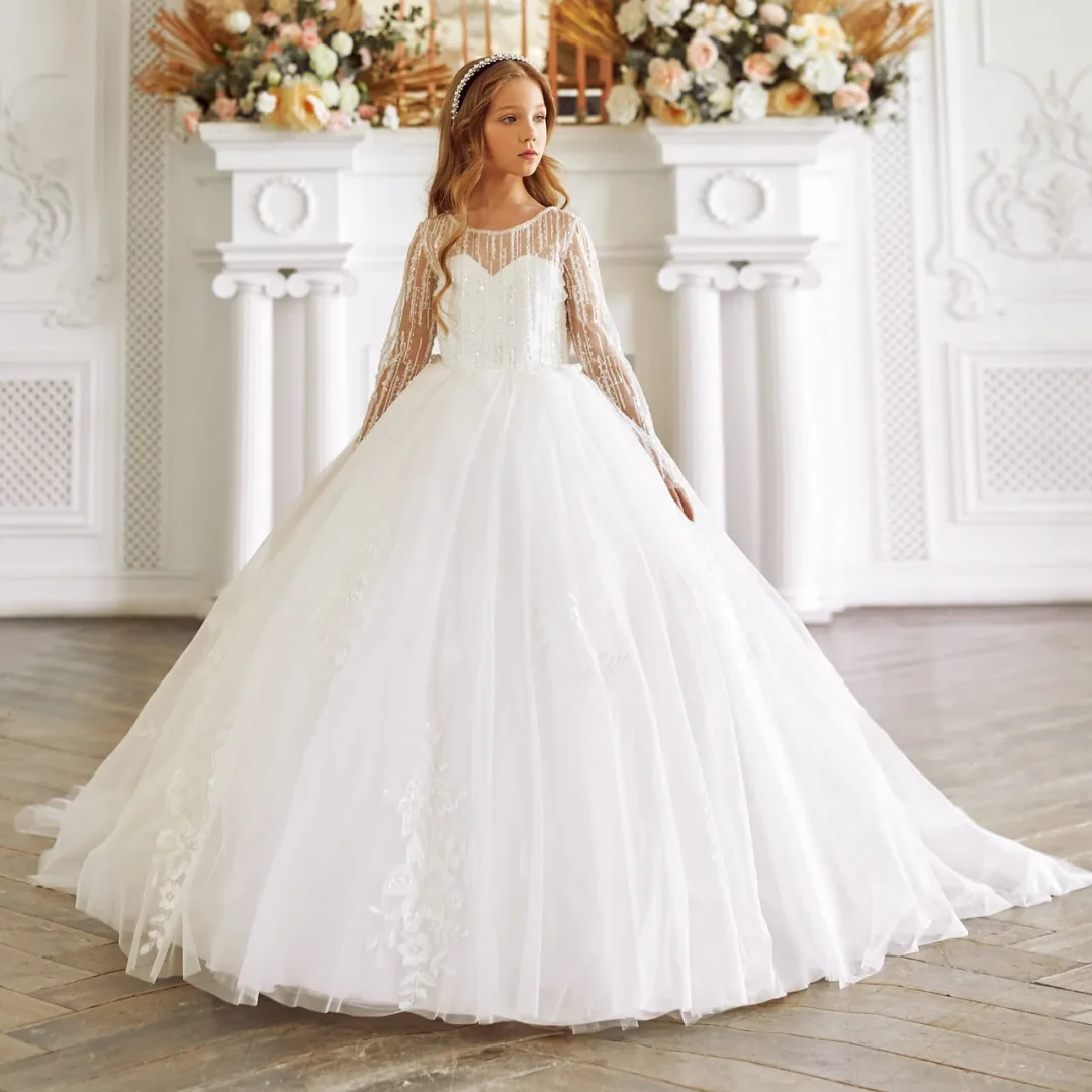 

Customized Flower Girl Dresses White Tulle Floral Appliques With Trailing Long Sleeve For Wedding Birthday Banquet Princess Gown