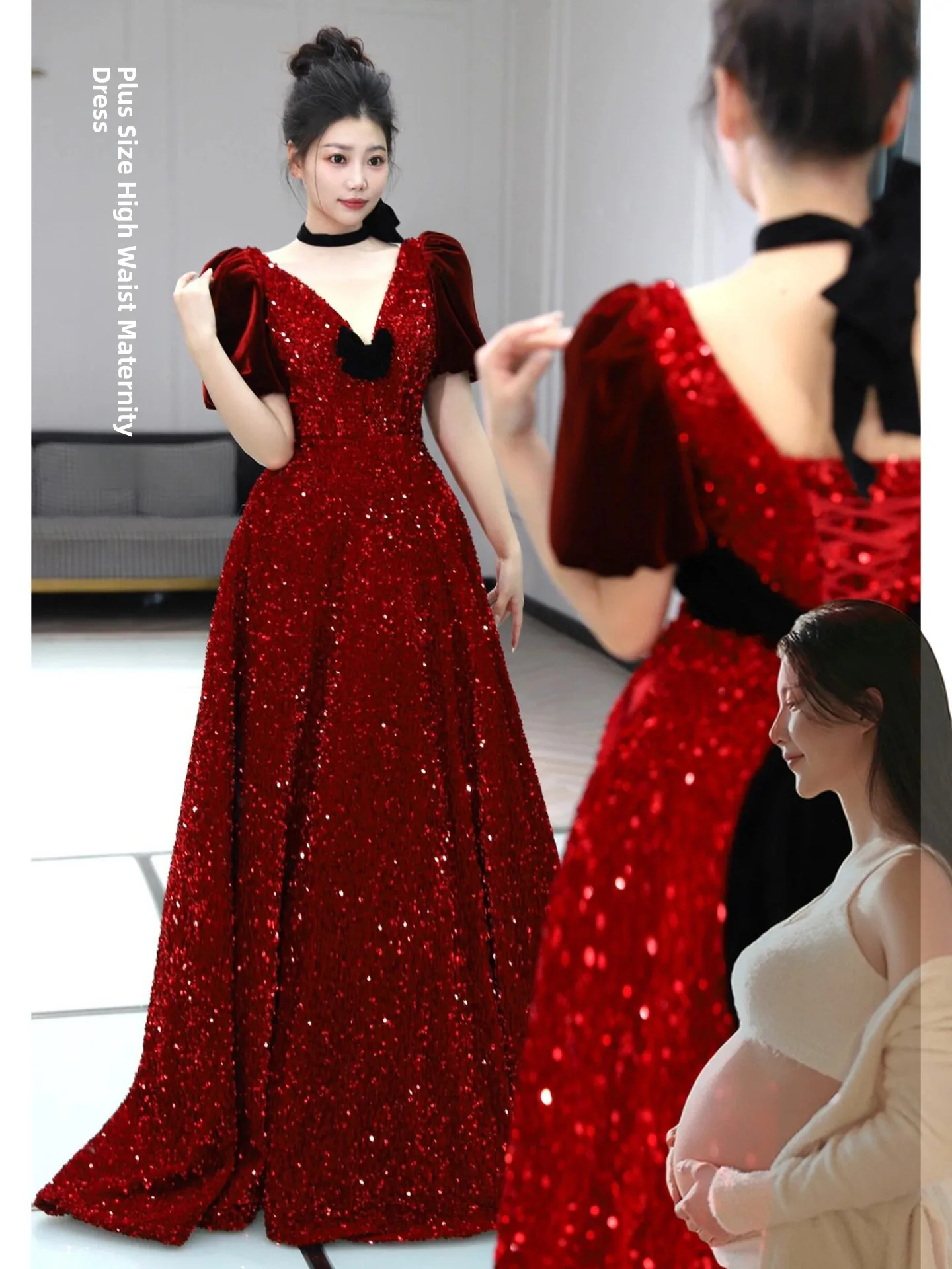 

Red Sequin Wedding Dr Materni Gown High Waist Bubble Sve A-Line Skirt Formal Evening Par Dr for Bride And Pregna...