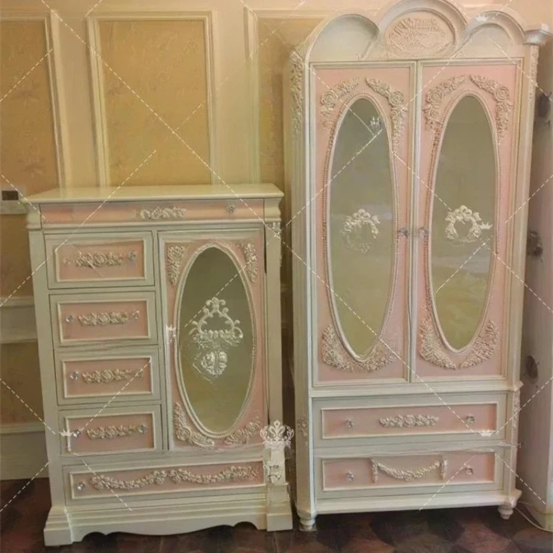 

Vintage Engraving Solid Wood Bedroom Drawer Storage Double Door Wardrobe