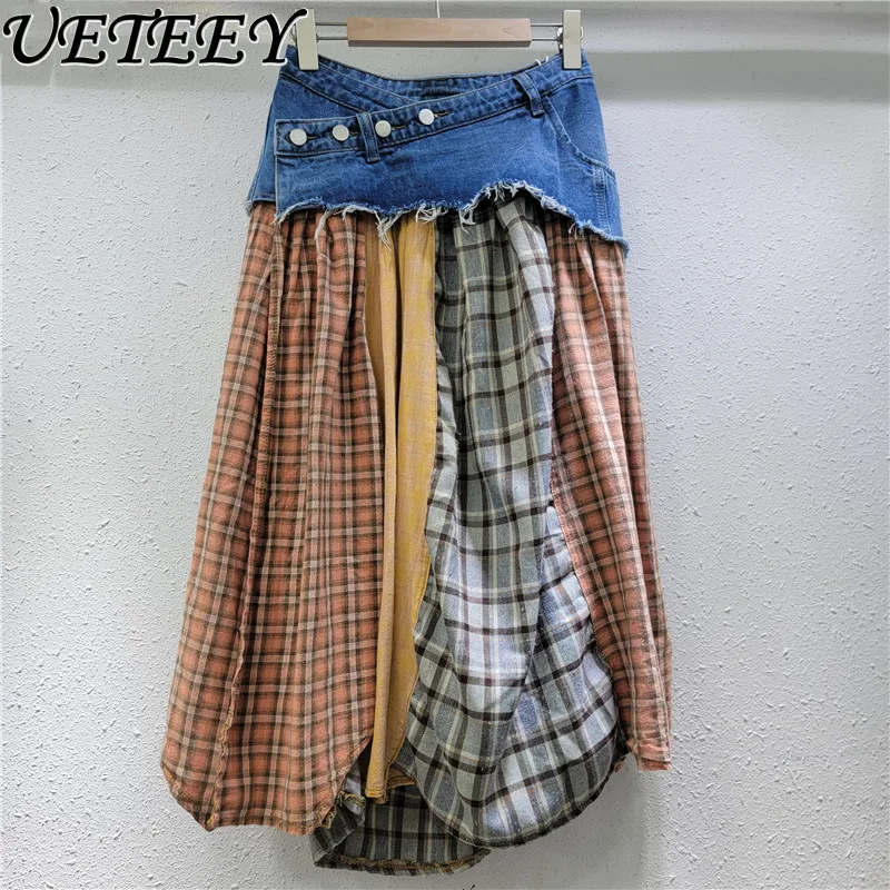 

Street Fashion Patchwork Plaid Denim Midi Skirt Women 2025 Autumn New Design Slimming High Waist A-Line Mid-Length Skirt Female
