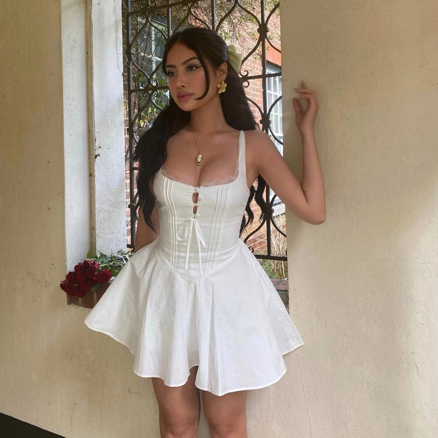 corset dresses summer Vintage Blue Midi Sundress Women's Floral High Waist Pleated Dress Sun Female Clothes New White Red Green It is suitable for daily wear or for attending some events Sexy Lace Corset Short Dress