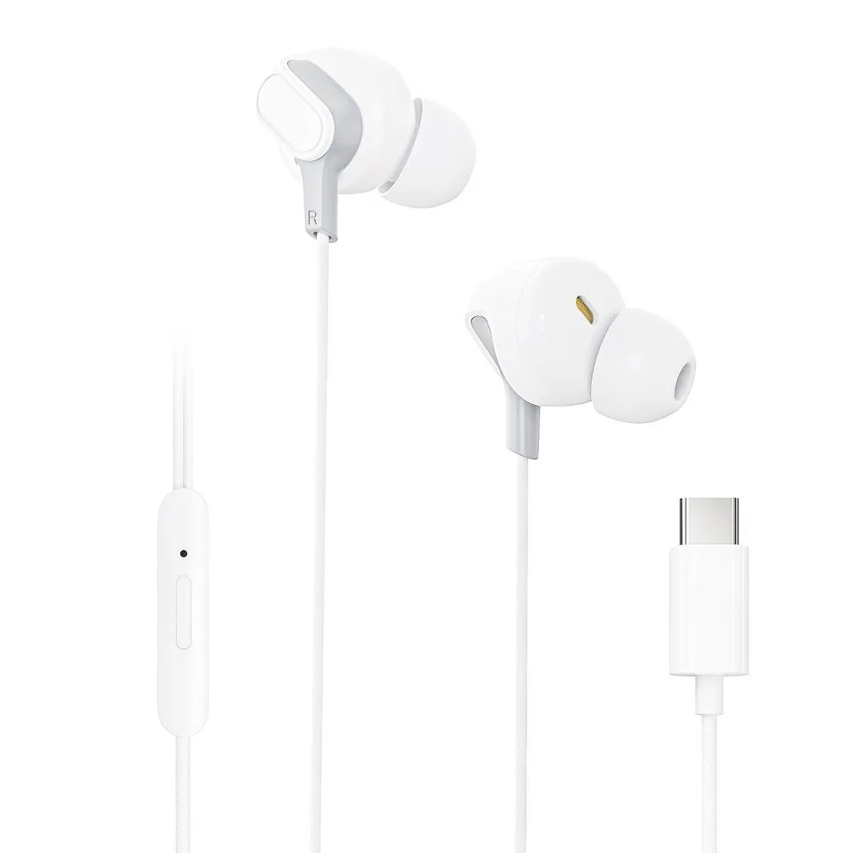 Fones de ouvido intra-auriculares com fio, modelo XK HD Type C, portáteis, ideais para desporto, com microfone e controlo remoto, para smartphones com entrada USB-C.