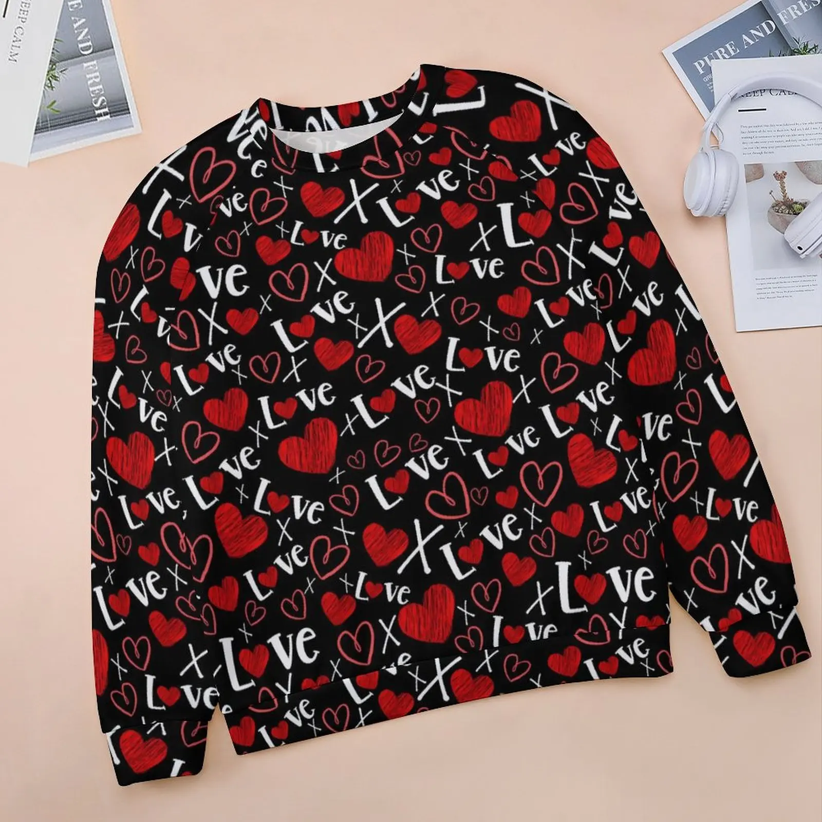 Love And Hearts Hoodies Female Long Sleeve Valentine Funny Casual Hoodie New Arrival Street Style Oversized Printed Sweatshirts