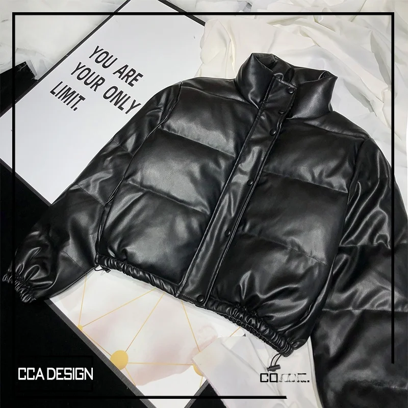

Dark PU Leather Cotton Jacket Short Waist Cinched Stand Collar Bread Style Coat Street Fashion Women's Winter Clothing