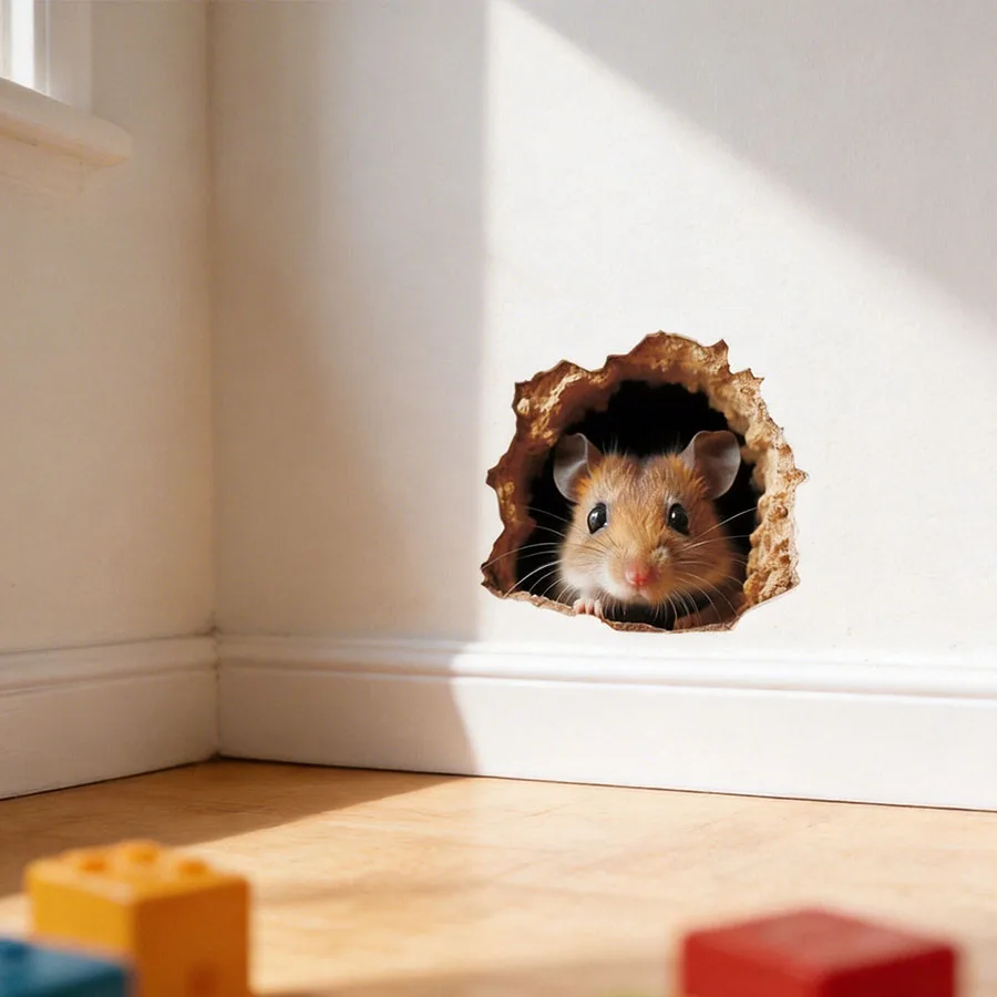 Cute Door-Opening Mouse Corner Line Sticker, Self-Adhesive Wall Decal, Removable Waterproof Cartoon Mouse Hole Decor for Room