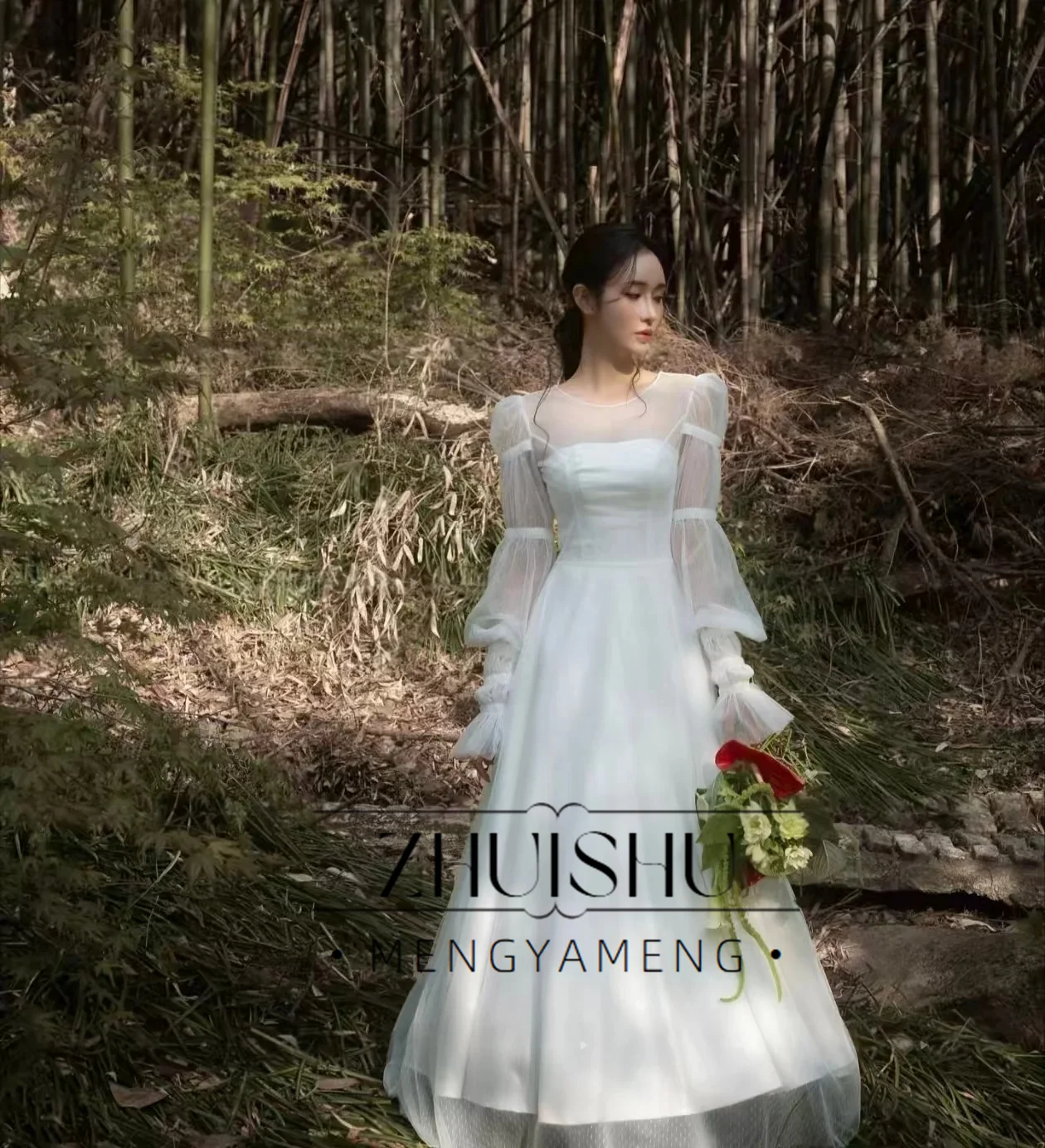ZHUISHU elegante vestido de novia con mangas abullonadas y cuello redondo, vestidos de noche de tul marfil, sesión de fotos de Corea, vestido de novia personalizado