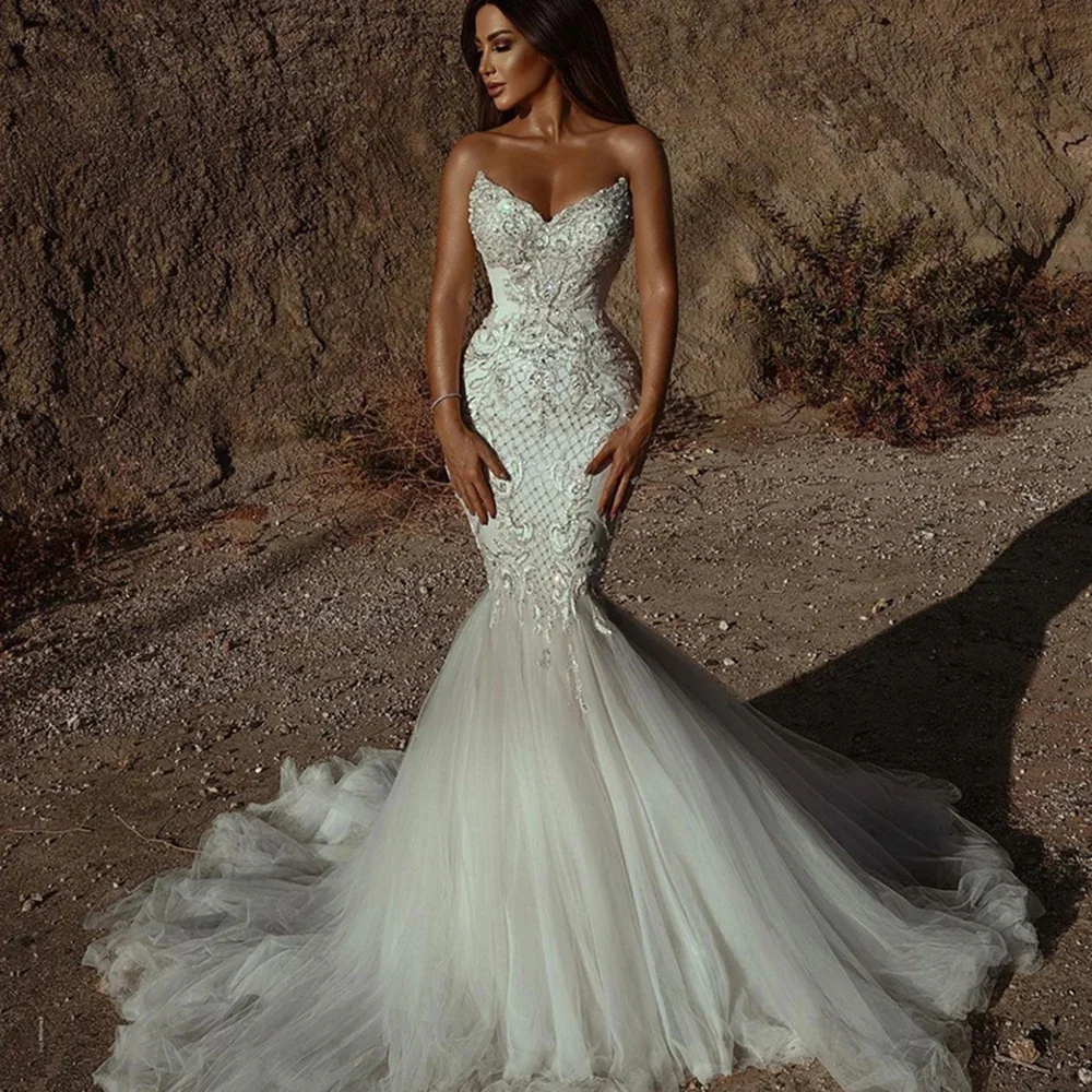 

Customize White Mermaid Wedding Dress Plus Size Sweetheart Appliques Beads Bridal Gowns Elegantes Vestidos De Novia