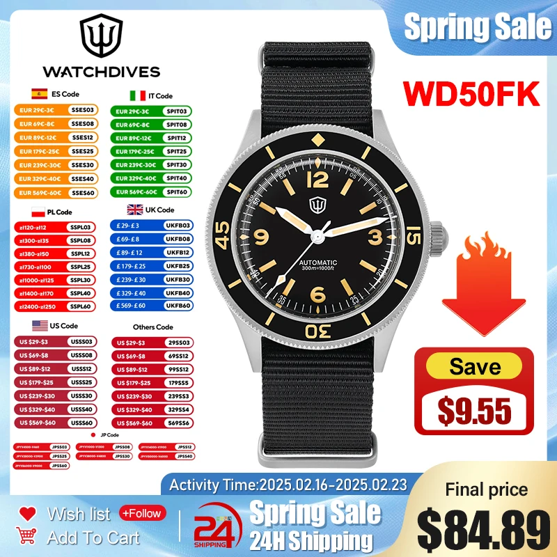 Watchdives Orologio subacqueo 50-Fathoms WD50F NH35 Movimento automatico BGW9 Luminoso 300 m