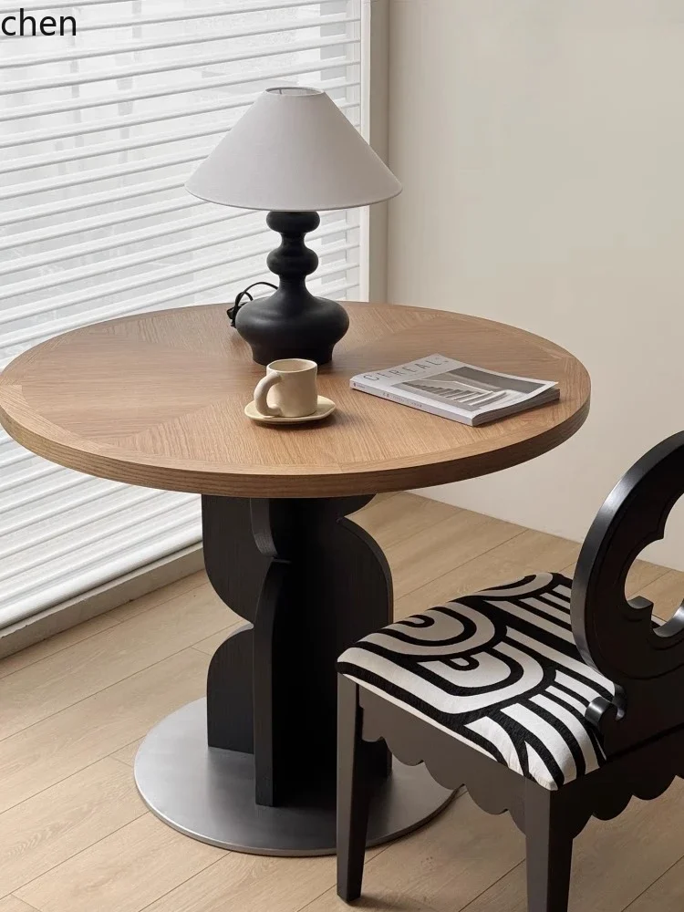 Mesa redonda de comedor H5.26, tamaño mediano, estilo antiguo, de madera maciza.