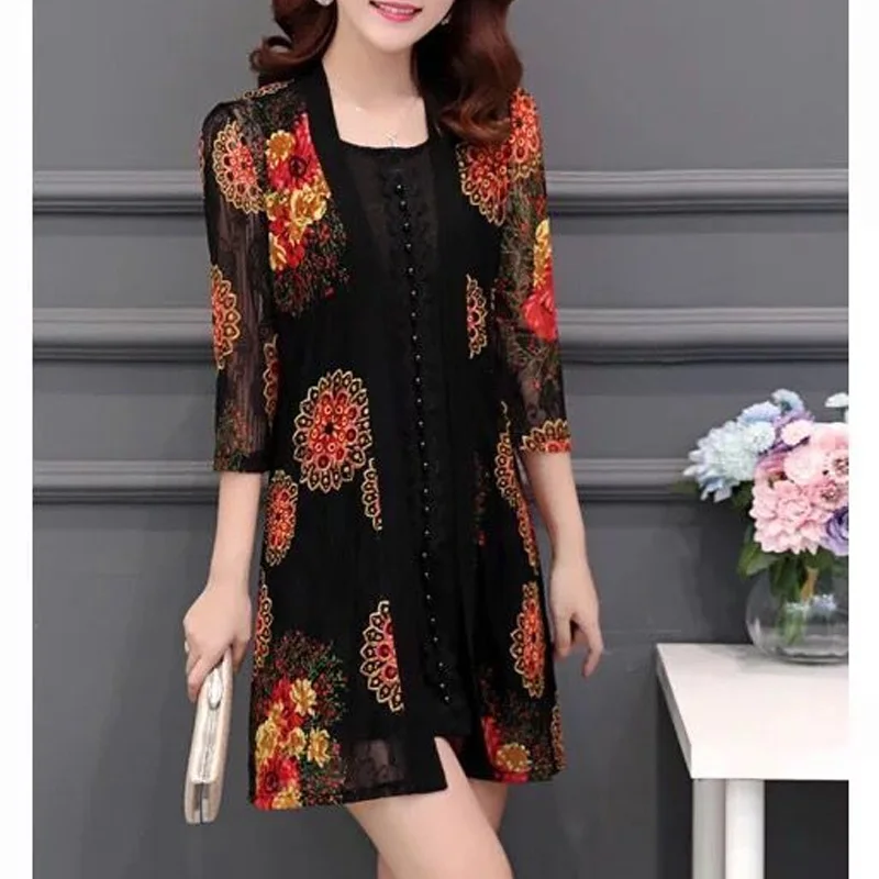 2023 New Fashion Trend Lace Print tre quarti camicia con aria condizionata di media lunghezza capispalla allentata Casual giacca Cardigan semplice