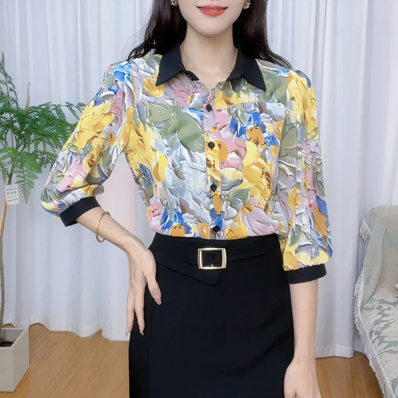 Korean Blouse 2024 Summer New Women's Polo-Neck Button Printed Contrast Color Lantern Sleeve Loose Commuter Casual Shirt Tops