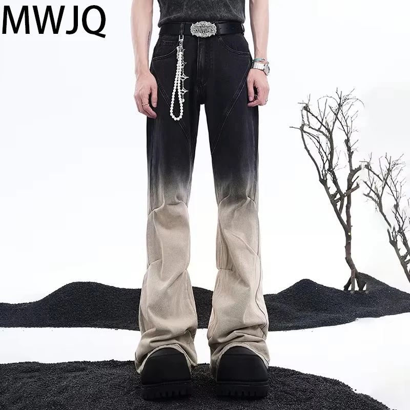 MWJQ Gradual Pleated Design Boot Cut Jeans Men's Spring Full Length American Streetwear Male Long Vintage Denim Pants 010077