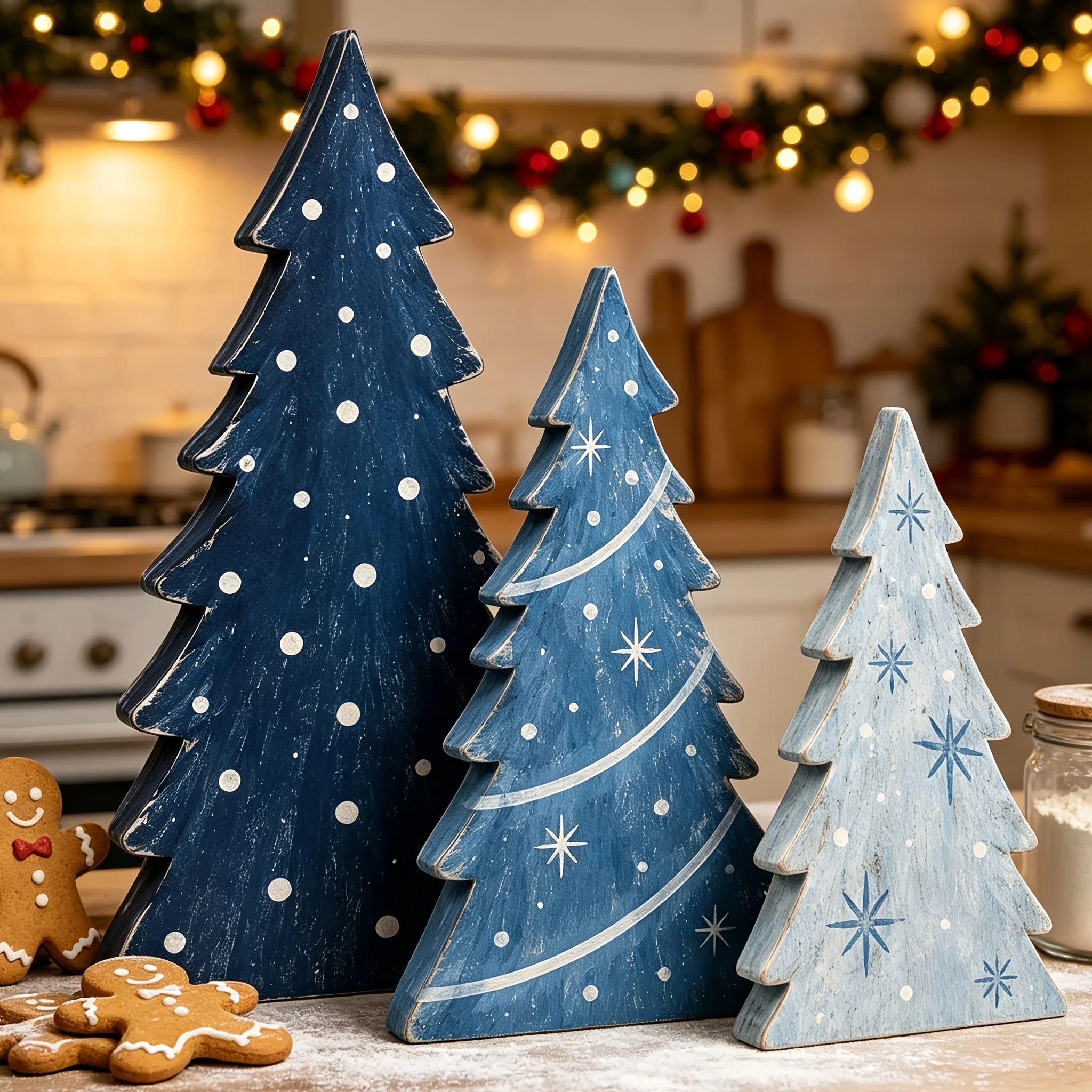 3-Piece Set of Randomly Assorted Rustic-Style Wooden 2D Flat Thickened Winter Wonderland Multi-Layer Tray Decorations—Gradient Navy Blue and Ice Blue Distressed Snowflake Pine Branch Ornaments—Classic Farmhouse Style Home Decor, Suitable for Dining Tables, Bar Counters, Entryways, Living Rooms, Kitchens, Multi-Layer Trays, and Bookshelves—Perfect Cool-Toned Christmas Props, Suitable for Family Gatherings