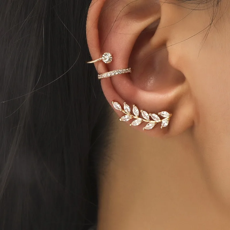 Fashion Zircon Ear Clip Set Gold Color Alloy Leaves Star Heart Stud Earrings for Women Simple Clip No Ear Piercing Jewelry