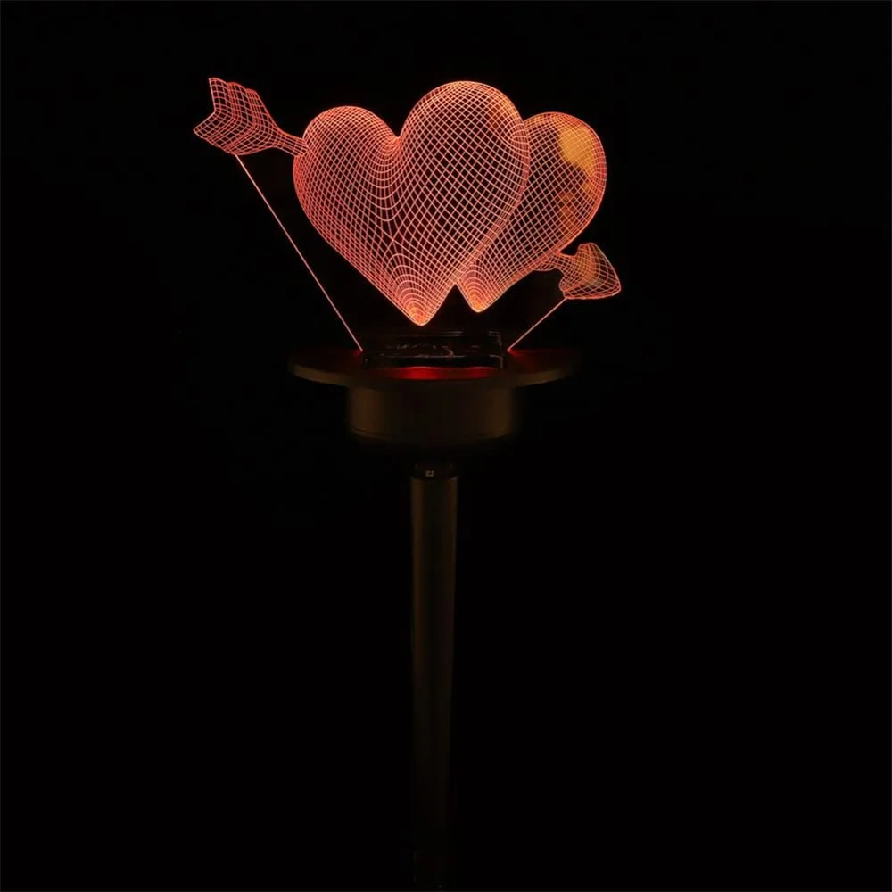 Colorful IP65 Waterproof 3D Illusion Acrylic Lamps Heart Solar Powered Creative Decorative Light Spike Driveway Yard Patio