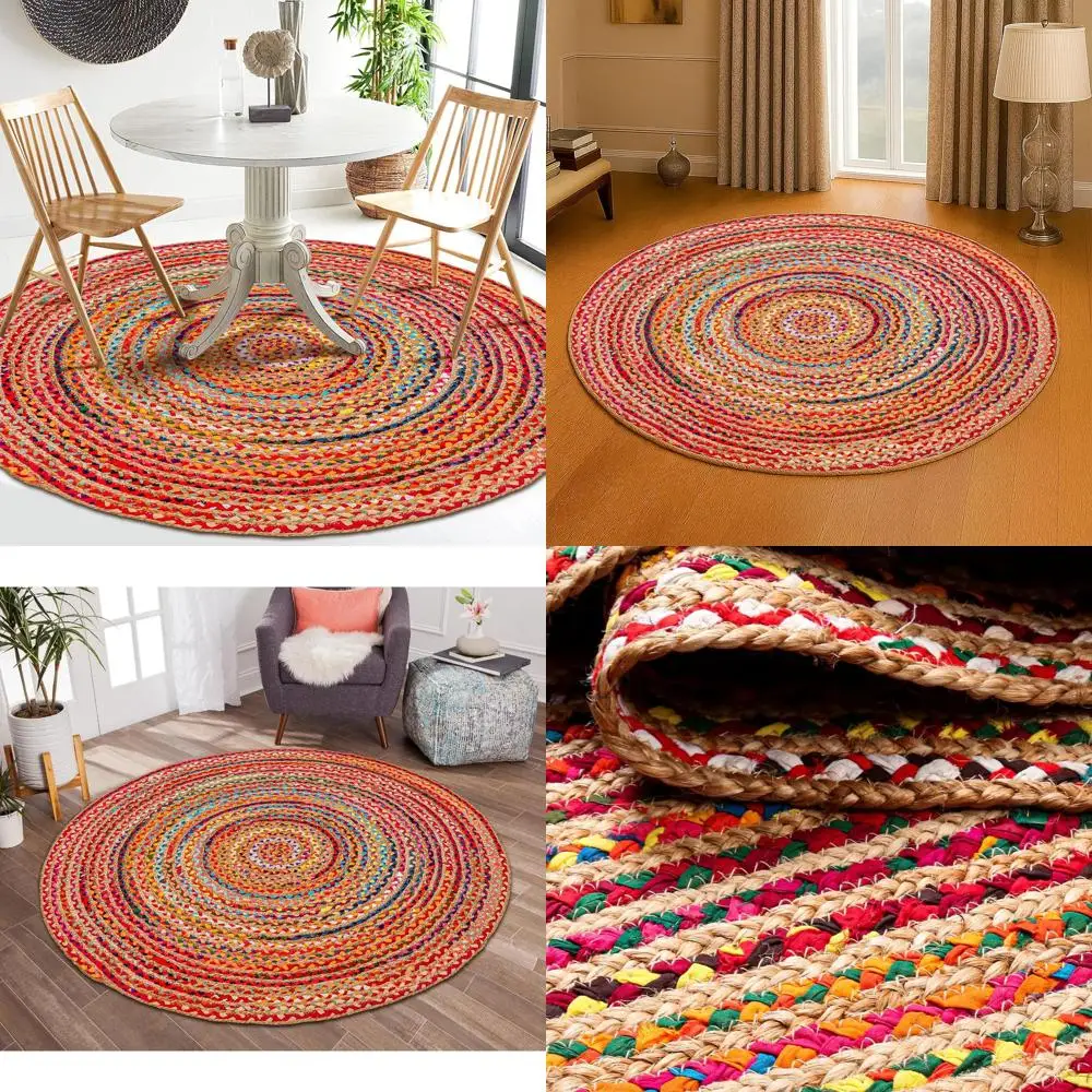 

Bohemian Braided Rug 5' Round - Multi Color, Rustic Hand Woven Rag Rugs for Kitchen, Kids Bedroom, Living Room | Colorful Farmho