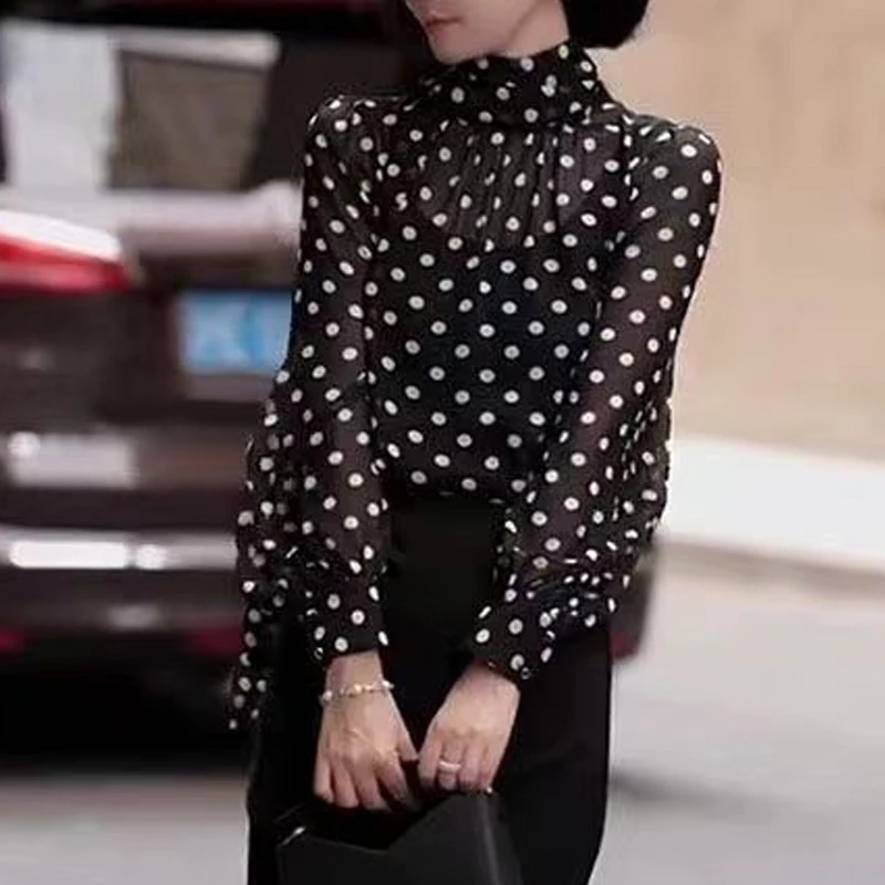 Women Fashion Polka Dot Printed Ruffled Blouses Office Lady Sexy Sheer Elegant Commute Shirts Half High Collar Long Sleeve Tops