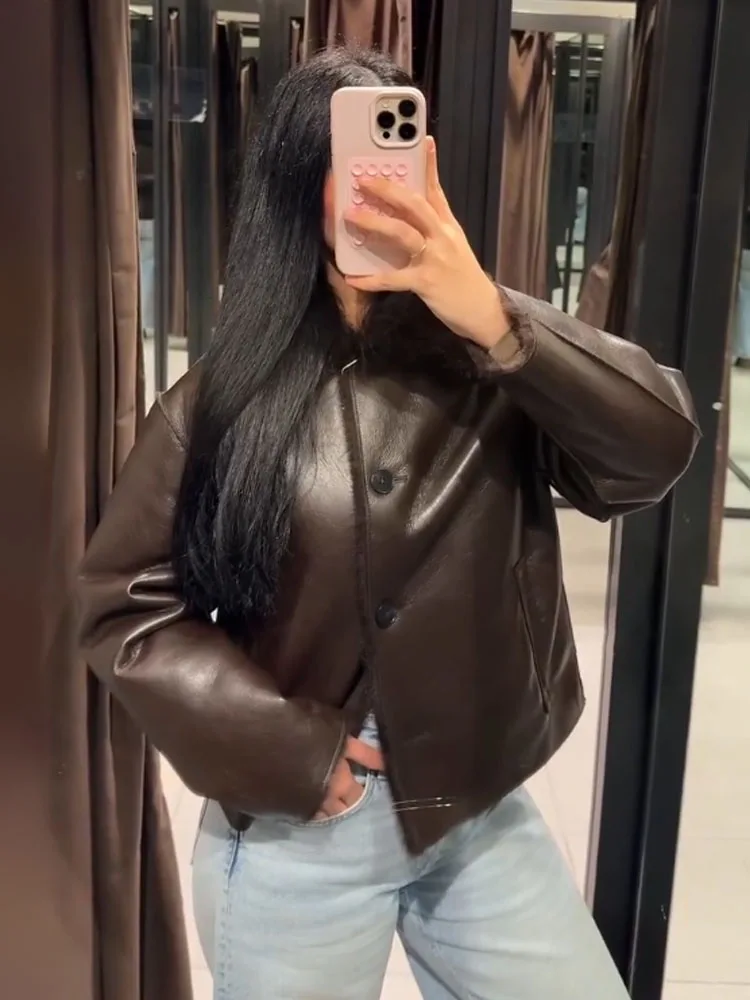 HH Female Chic Long Sleeves Loose Winter Warm Coat Women Reversible Faux Leather Lapel Single-Breasted Pocket Decoration Jacket
