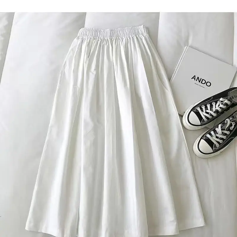 2024 New Skirt Ladie Fashion Women Pockets Pleated Knee Length Skirts Solid Color Casual Elegant High Waist A Line Woman Skirts