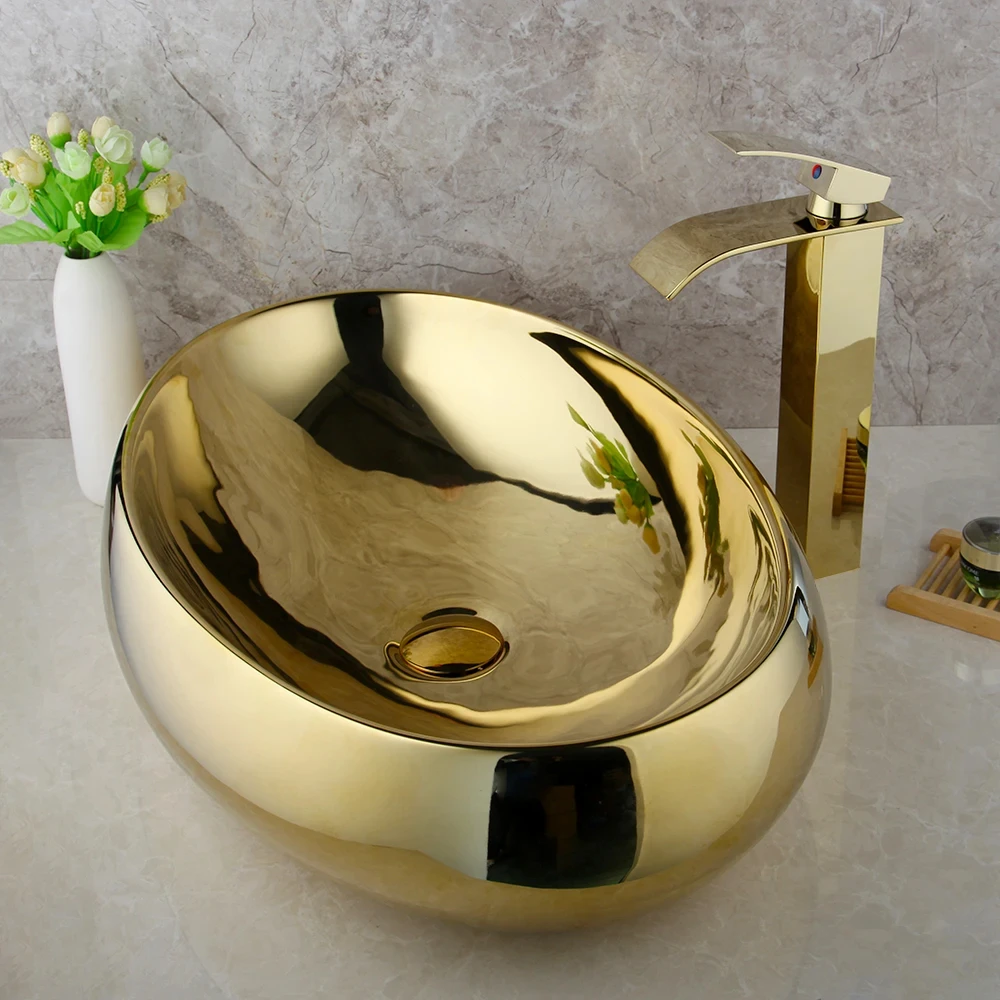 Golden Plated Bathroom Ceramic Basin Sink Golden Plated Solid Brass Faucet Tap Set Bowl Vessel Washbasin Sink YX456TB