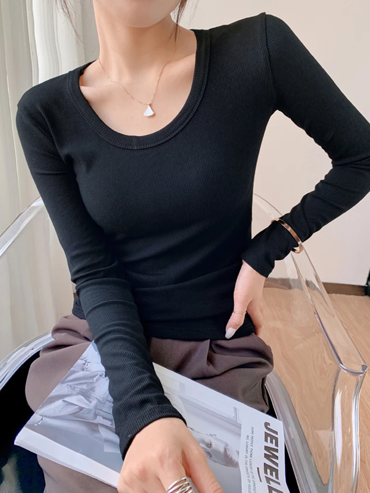 T Shirt Women Screw Thread Cotton Tee Shirt Short Sleeve Korean Fashion Clothes Elastic T Shirts Camisetas De Mujer 2022 Spring