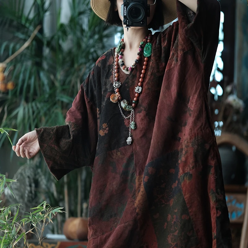 Abito caldo spesso da donna oversize Nuovo arrivo 2025 Autunno stile vintage stampa floreale abiti lunghi casual femminili allentati M2025