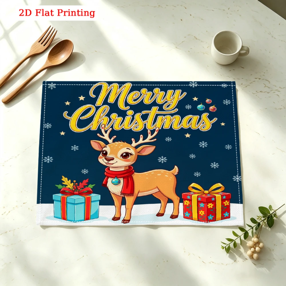 Merry Christmas Reindeer Gift Boxes Kitchen Placemat Coaster Linen Pad Dish Coffee Cup Table Mat 30x40cm Home Decor