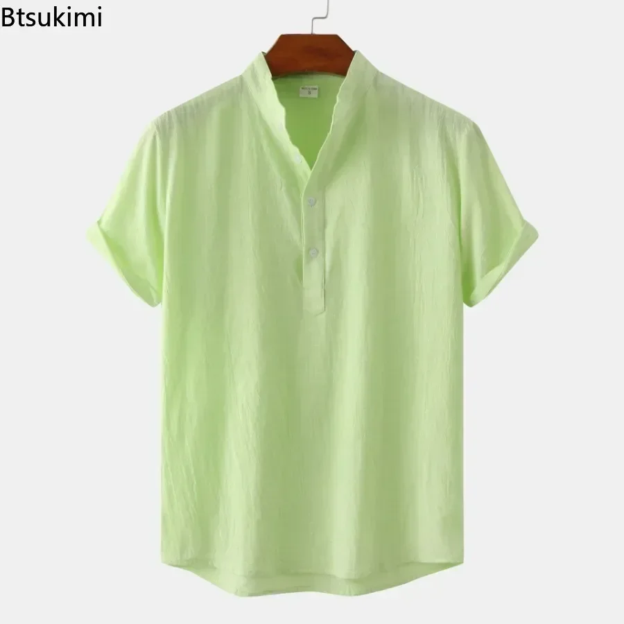 Camicia a maniche corte con colletto alla coreana solido da uomo nuovo estivo Comfort T-shirt da uomo casual in cotone e lino Top traspiranti Camicetta da spiaggia da uomo