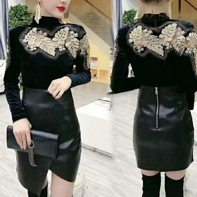 2023 Autumn and Winter Women's Flower Half High Neck Long Sleeve Underlay Embroidery Hollow Out Fashion Casual Formal Tops