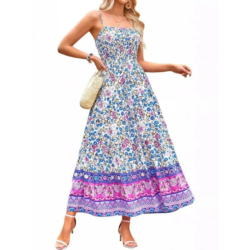 

Vintage Flower Print Spaghetti Strap Dresses Women Fashion Trendy Bohemian Beach Vacation Long Dress Female Summer New Vestidos