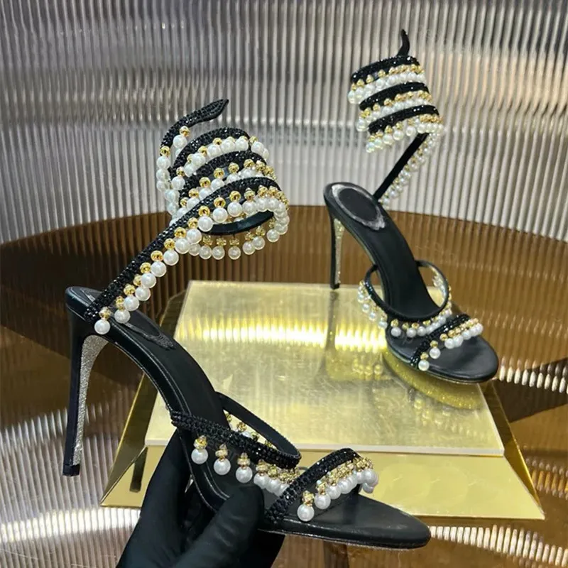 Luxury Rhinestones Pearls Tassels Women Gladiator Sandals Sexy Snake Ankle Strap Satin High heels Summer Banquet Wedding Shoes view 3