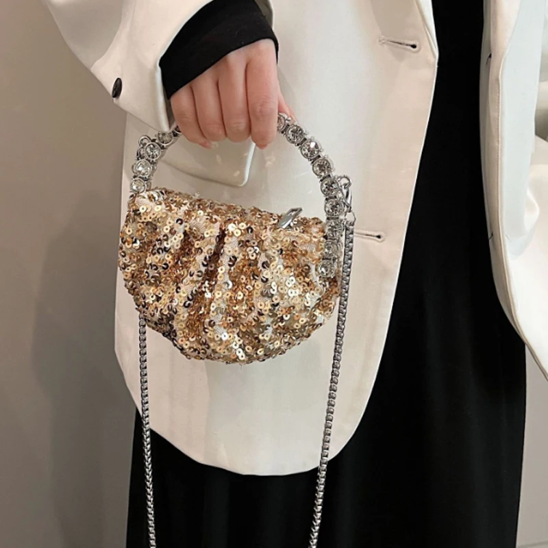 Bolso de lujo con lentejuelas para mujer, bandolera pequeña con pliegues incrustados de diamantes, novedad de 2024