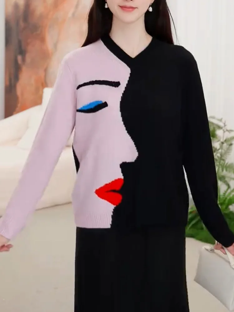 

Корейский дизайнерский свитер с круглым вырезом и цветовыми блоками, модный, универсальный, больших размеров, стройнящий топ для осеннего сезона