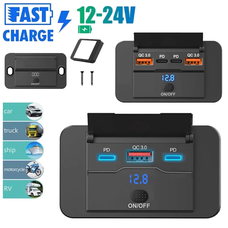 

3 порта PD QC 3.0 USB Автомобильное зарядное устройство 12 В RV USB-розетка 108 Вт Розетка для быстрой зарядки с переключателем и вольтметром для лодки, мотоцикла